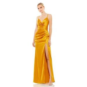 NWT Mac Duggal Satin Sleeveless Faux Wrap Ruched Gown Marigold 2 #9519